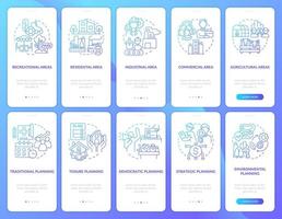 Land management, planning blue gradient onboarding mobile app screen set. Walkthrough 5 steps graphic instructions pages with linear concepts. UI, UX, GUI template. vector