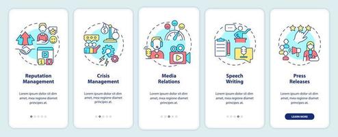 PR services types onboarding mobile app screen. Business promotion walkthrough 5 steps graphic instructions pages with linear concepts. UI, UX, GUI template. vector