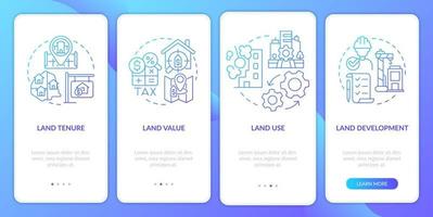 Land management system blue gradient onboarding mobile app screen. Walkthrough 4 steps graphic instructions pages with linear concepts. UI, UX, GUI template. vector