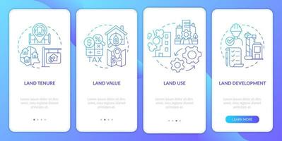 pantalla de aplicación móvil de incorporación de degradado azul del sistema de gestión de tierras. tutorial 4 pasos páginas de instrucciones gráficas con conceptos lineales. interfaz de usuario, ux, plantilla de interfaz gráfica de usuario. vector