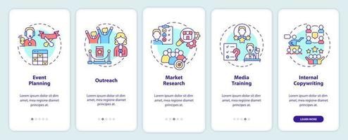 Servicios de relaciones públicas para organizaciones que incorporan la pantalla de la aplicación móvil. tutorial de relaciones páginas de instrucciones gráficas de 5 pasos con conceptos lineales. interfaz de usuario, ux, plantilla de interfaz gráfica de usuario. vector