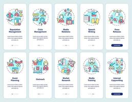 PR services onboarding mobile app screen set. Business reputation walkthrough 5 steps graphic instructions pages with linear concepts. UI, UX, GUI template. vector