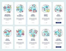 PR services onboarding mobile app screen set. Business reputation walkthrough 5 steps graphic instructions pages with linear concepts. UI, UX, GUI template. vector