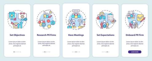 Hiring PR firm onboarding mobile app screen. Choose agency walkthrough 5 steps graphic instructions pages with linear concepts. UI, UX, GUI template. vector