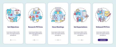 Hiring PR firm onboarding mobile app screen. Choose agency walkthrough 5 steps graphic instructions pages with linear concepts. UI, UX, GUI template. vector