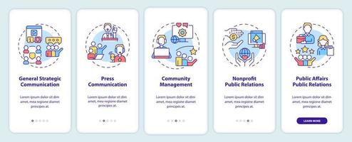 Types of PR firms onboarding mobile app screen. Public relations walkthrough 5 steps graphic instructions pages with linear concepts. UI, UX, GUI template. vector