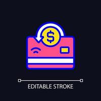 Cashback pixel perfect RGB color icon for dark theme. Receiving percentage of purchases back. Refund, chargeback. Simple filled line drawing on night mode background. Editable stroke. vector