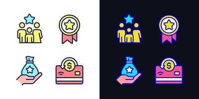 Cash awards pixel perfect light and dark theme color icons set. Benefits program. Family bonus. Noncash prize. Simple filled line drawings. Bright cliparts on white and black. Editable stroke vector