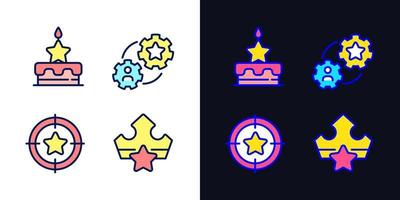 Rewarding loyal customers pixel perfect light and dark theme color icons set. Birthday bonus. Referral reward. Simple filled line drawings. Bright cliparts on white and black. Editable stroke vector