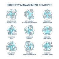 Property management turquoise concept icons set. Agency service. Operation with real estate idea thin line color illustrations. Isolated outline drawings vector