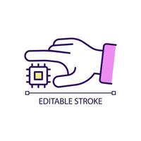 Modern technology usage RGB color icon. Hand with microchip. Hardware equipment for machines. Isolated vector illustration. Simple filled line drawing. Editable stroke.