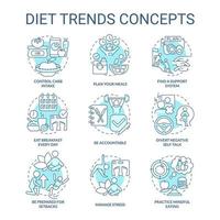 Diet trends turquoise concept icons set. Healthy lifestyle and eating. Weight control idea thin line color illustrations. Isolated symbols. Editable stroke. vector