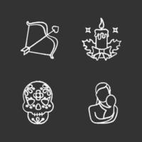 Holidays chalk icons set. St. Valentine's Day, Christmas, Dia de los Muertos, Mother's Day. Isolated vector chalkboard illustrations