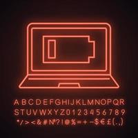 Discharged laptop neon light icon. Computer low battery. Notebook battery level indicator. Glowing sign with alphabet, numbers and symbols. Vector isolated illustration