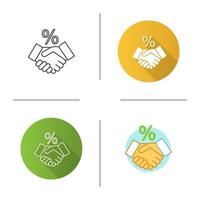 Successful deal icon. Business partnership. Handshake and percent sign. Flat design, linear and color styles. Isolated vector illustrations