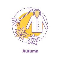 Autumn season concept icon. Rainy weather idea thin line illustration. Raincoat, rake. Vector isolated outline drawing