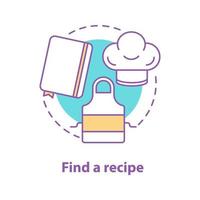 Recipe choosing concept icon. Culinary idea thin line illustration. Food preparation. Notebook, apron, chef hat. Vector isolated outline drawing