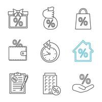 Percents linear icons set. Discount offer, sale, saving money, payment term, mortgage, financial document, interest rate. Thin line contour symbols. Isolated vector outline illustrations