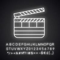 Clapperboard neon light icon. Time code slate. Glowing sign with alphabet, numbers and symbols. Vector isolated illustration