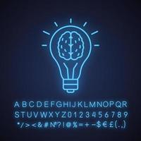 Good idea neon light icon. Human brain inside light bulb. Eureka. Glowing sign with alphabet, numbers and symbols. Vector isolated illustration