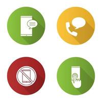 Phone communication flat design long shadow glyph icons set. Chatting, voice message, touchscreen, smartphone prohibition. Vector silhouette illustration