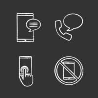 Phone communication chalk icons set. Chatting, voice message, touchscreen, smartphone prohibition. Isolated vector chalkboard illustrations