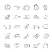 Motion linear icons set. Speed. Flying items. Fast services. Thin line contour symbols. Isolated vector outline illustrations