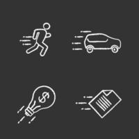 conjunto de iconos de tiza de movimiento. velocidad. hombre corriendo, auto, bombilla voladora y archivo. Ilustraciones de vector pizarra