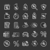 Percents chalk icons set. Discount offers, real estate mortgages, banking, saving money. Isolated vector chalkboard illustrations