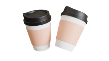 Two paper coffee cups,  Mockup template. 3D illustration floating over the background png