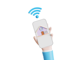 estilo cartoon de mão, casa inteligente 3d. ícone de casa com sinal wi-fi. o sistema de controle remoto em casa png