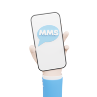 mano de dibujos animados sosteniendo teléfonos inteligentes y recibiendo mms en línea. concepto de comunicación de tecnología moderna electrónica. ilustración 3d png