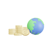 globo o terra con una pila di monete d'oro, concetto finanziario mondiale, illustrazione 3d png