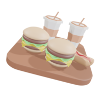 pequeno hambúrguer de fast-food e cachorro-quente em fundo amarelo ícones 3d restaurante ilustração 3d png