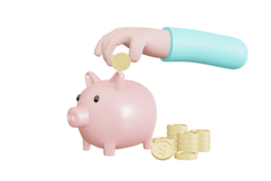 hand putting coin into a piggy bank. for saving money wealth and finances and start saving concept, copy space, 3D  illustration png