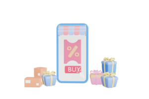 el concepto de una aplicación de compras en línea es el comercio electrónico, la compra de teléfonos inteligentes y las etiquetas de precio de descuento en teléfonos móviles y regalos y cajas png