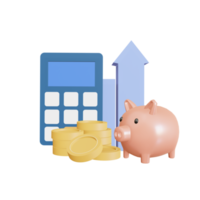 Pink piggy bank with calculator and gold coins.   saving money wealth and financial and start saving concept, copy space, 3D rendering illustration png