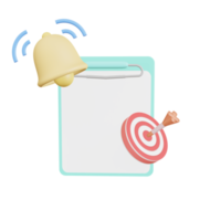 Clipboard, and notification bell, with copy space, efficient work  alarm concept, set goals. 3D illustration png