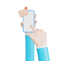 Telefone móvel 3D de mão com notificação de envelope. personagem de desenho animado e ícone do smartphone. ilustração 3D png