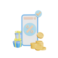 Phone with an empty white screen with coin.  with discounts. gift. 3d  illustration. png