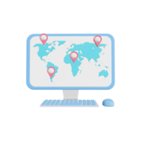 laptop com a caixa de papelão do mapa do mundo com um aplicativo para compras on-line, plano de fundo do mapa do mundo e rastreamento de entrega em todo o mundo. ilustração 3D png