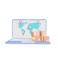 icon Laptop with the world map cardboard box with an app for online shopping, world map background, and Worldwide delivery tracking. 3D illustration png