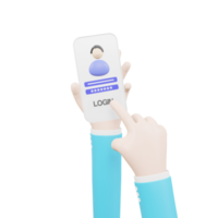 main de dessin animé, connexion et numérisation du visage vers un compte en ligne sur une application pour smartphone. interface utilisateur. login et mot de passe sécurisés png