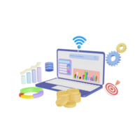 Datenanalyse, Diagramm-Dashboard, digitale Bitcoin-Kryptowährung und Geschäftsfinanzbericht. seo-konzept für investitions- oder börsenwebsites. 3D-Illustrationen png