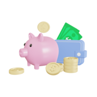 Pink piggy bank with gold coins on a pink, saving money wealth and financial and start saving concept, 3D rendering illustration png