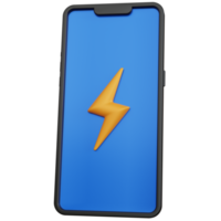Smartphone nero con rendering 3d con icona fulmine gialla isolata
