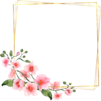 Pink Flowers Watercolor with geometric gold frame png