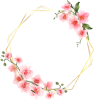 acquerello di fiori rosa con cornice geometrica in oro png