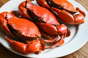 seafood crab cooking food boiled or steamed crab red in the seafood restaurant, fresh crab on white plate background photo