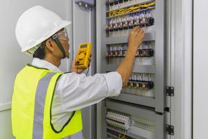 Electrician installing electric cable wires and fuse switch box. Multimeter in hands of electricians detail. photo